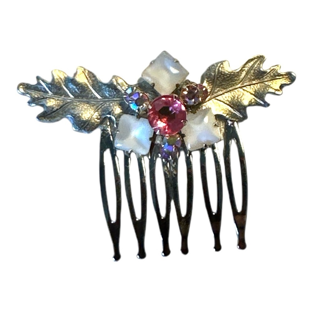 Bridal Silver Leaf Hair Comb Pink Crystal Vintage-Inspired Statement Accessory - Picture 2 of 3